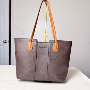 Structured Brown Tote Shoulder Bag with Tan Handles